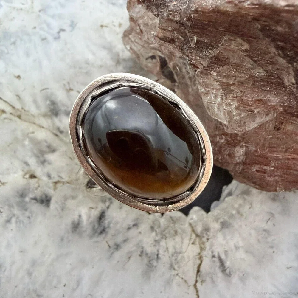Sterling Southwestern Style Oval Tiger's Eye Decorated Ring Size 8 For Women